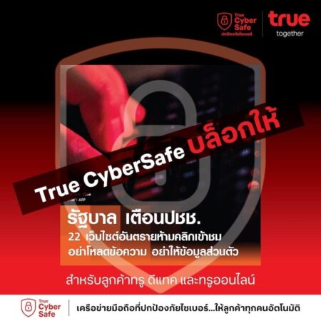 ลูกค้าทรู-ดีแทค ทรูออนไลน์ มั่นใจ! True CyberSafe ปกป้องทันที จาก 22 เว็บไซต์อันตรายที่รัฐบาลและตำรวจเตือนภัย